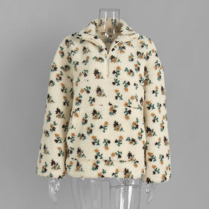 Floral Pattern Fleece Hoodie Casual Warm Sweatshirt