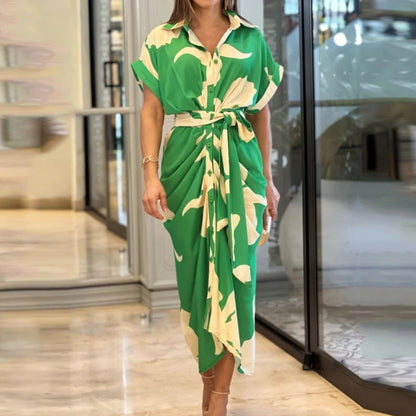 Women'S Printed Polo Collar Short Sleeve High Waist Long Shirt Dress