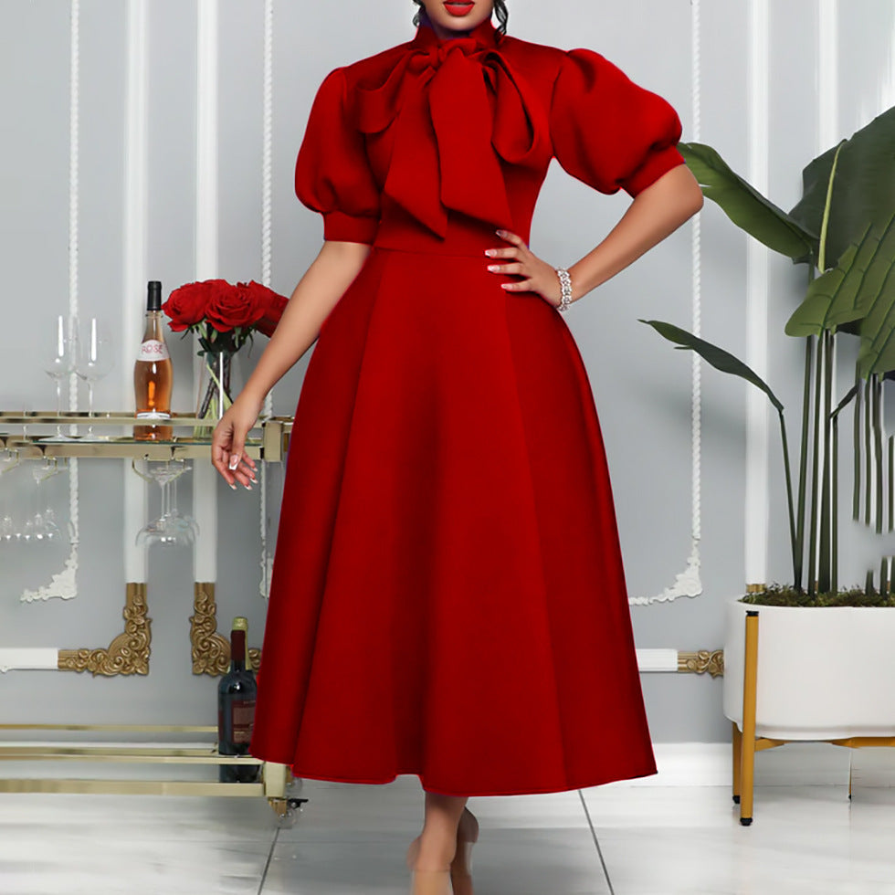 Elegant Solid Color Midi Dress With Bow Detail