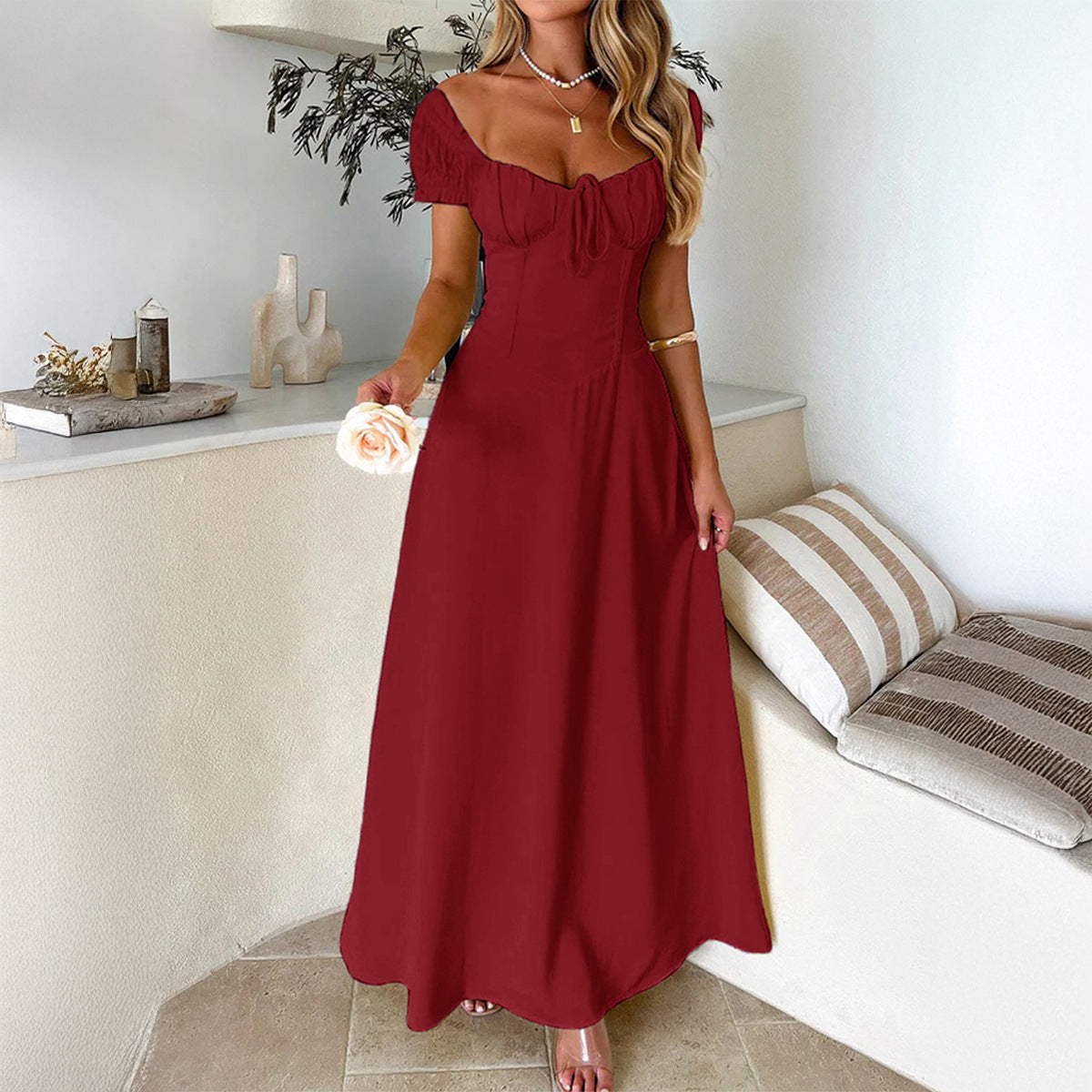 Elegant Solid Color A-Line Dress with Puff Sleeves