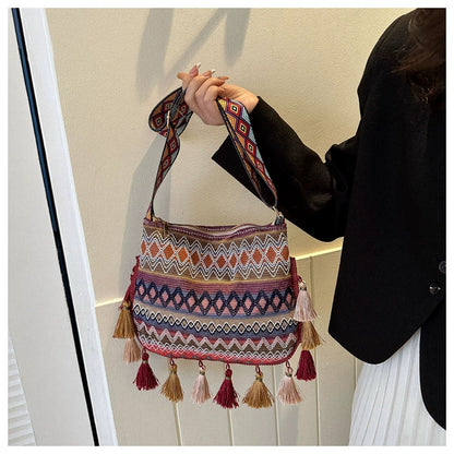 Small Fresh Ethnic Style Crossbody Bag For Women'S New Fashion Versatile Wide Shoulder Strap Single Shoulder Bag Tassel Bucket Bag