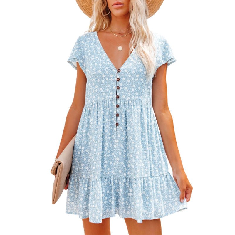 V-Neck Buttons, Small Florals, Short Sleeves, Loose Casual Dress, Women'S Wear