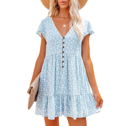 V-Neck Buttons, Small Florals, Short Sleeves, Loose Casual Dress, Women'S Wear