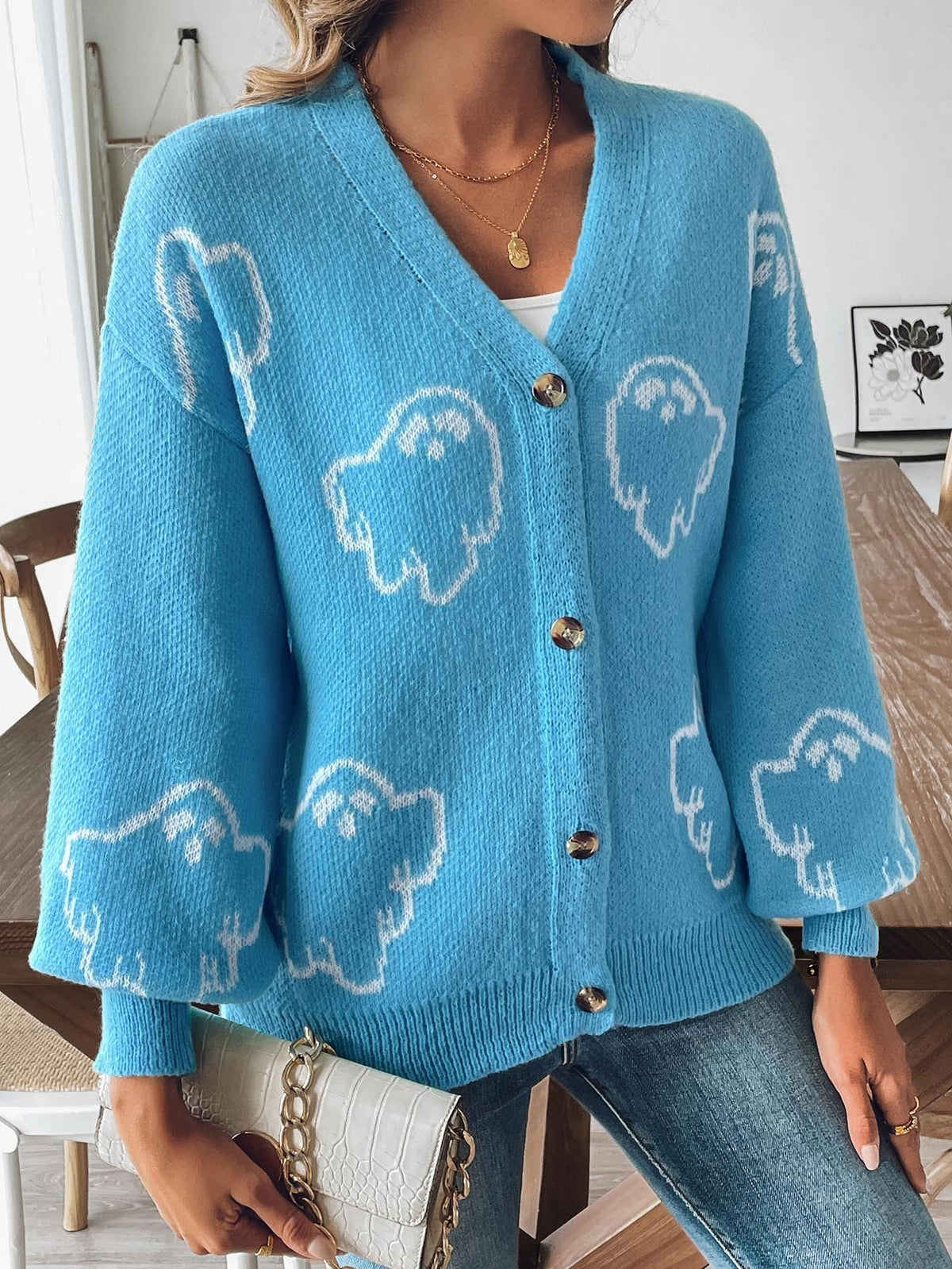 Halloween Cartoon Ghost Buttons Knit Cardigan