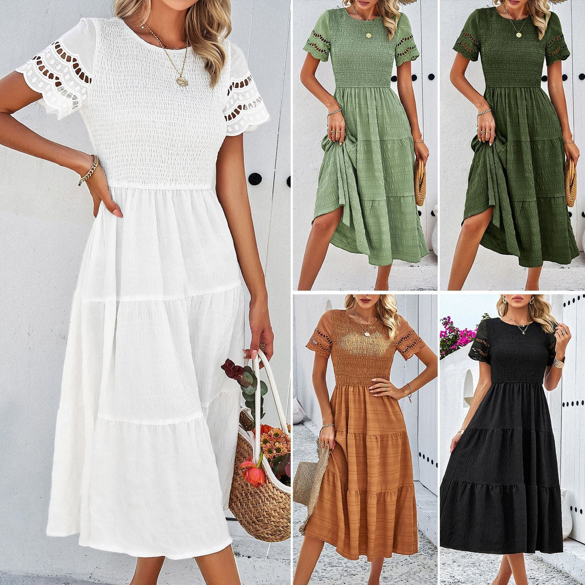 Casual Solid Color A-Line Dress with Short Sleeves