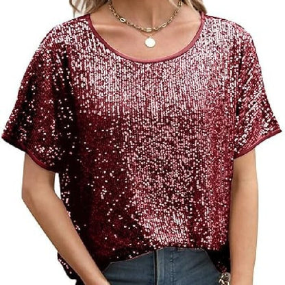 Loose Sequin Deep V-Neck Short Sleeve Top