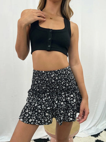 Floral Print Pleated Skirt with Ruffles Trendy Midi Skirt