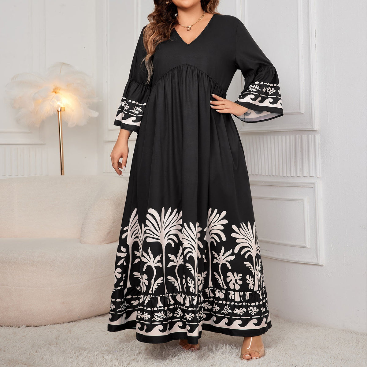 V-Neck Floral Long Dress With Flared Sleeves