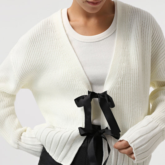 Bows String Tie V-Neck Knit Cardigan