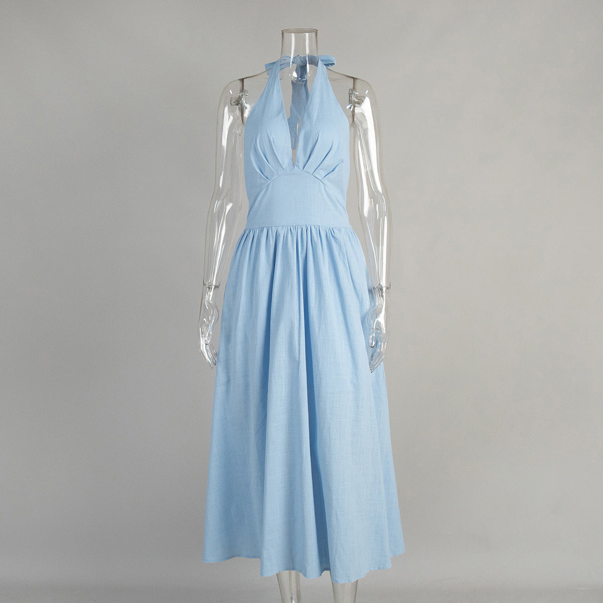 Cotton Long Maxi Dress With V-Neck Tie Waist