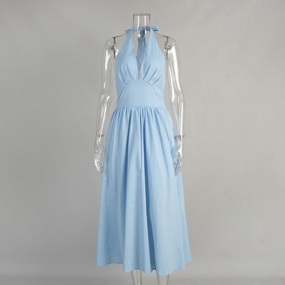 Cotton Long Maxi Dress With V-Neck Tie Waist