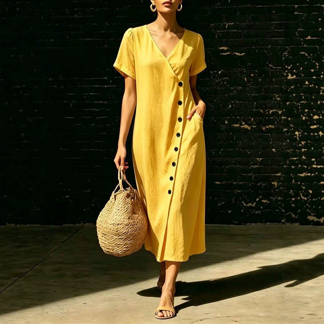 Linen Wrap V Neck Side Button Short Sleeve Midi Dress