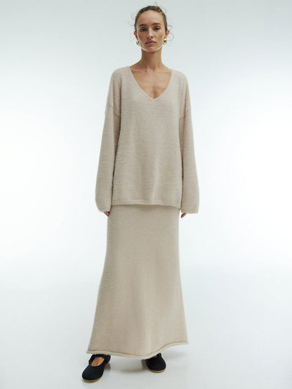 Minimalist V-Neck Knit Sweater Dress Set for Women