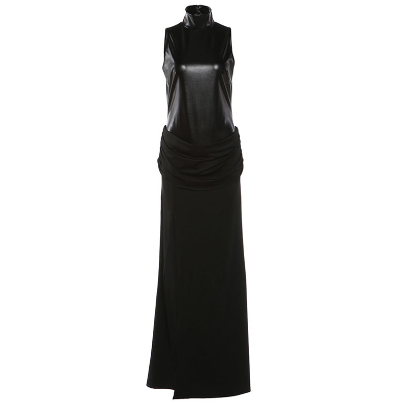 Black High Neck Sleeveless Split Dress With Pu Panels