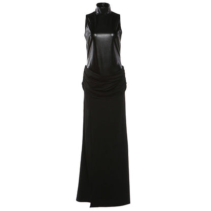 Black High Neck Sleeveless Split Dress With Pu Panels