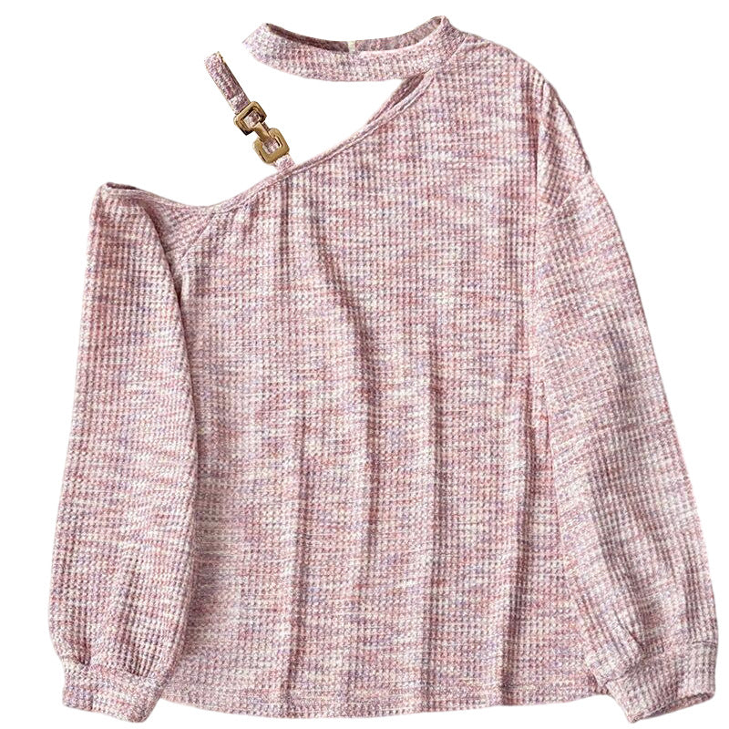 Shoulder Cutout Pink Sweater Cozy Casual Pullover