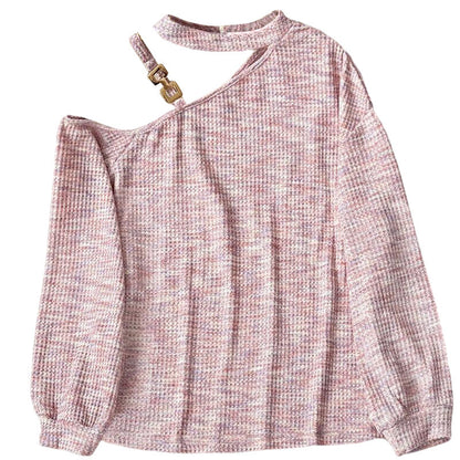 Shoulder Cutout Pink Sweater Cozy Casual Pullover