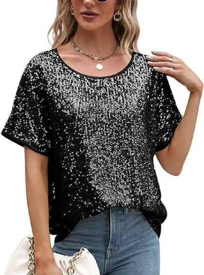 Loose Sequin Deep V-Neck Short Sleeve Top
