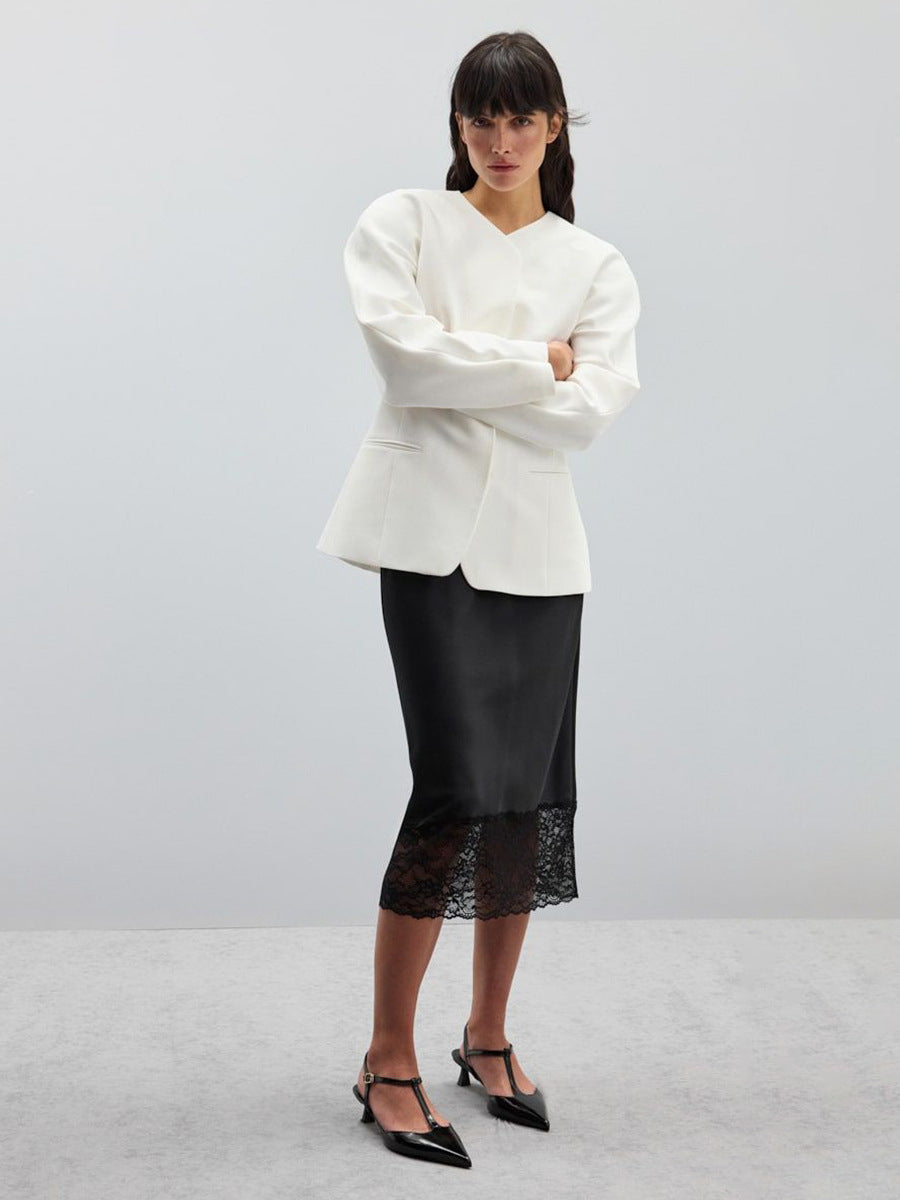 Lace Trim A-Line Skirt Elegant Casual Midi Skirt