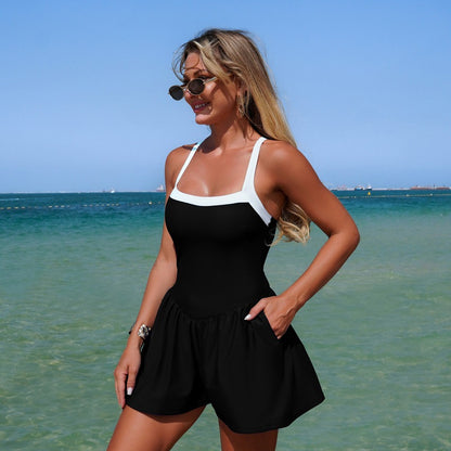 New Women'S One-Piece Color Block Swimsuit With Built-In Shorts