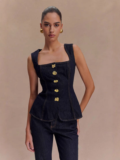 Modern Flavored Button High-Waist Denim Top and Pants Set