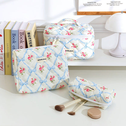 Cute Heart Print Cotton Quilted Cosmetic Bag