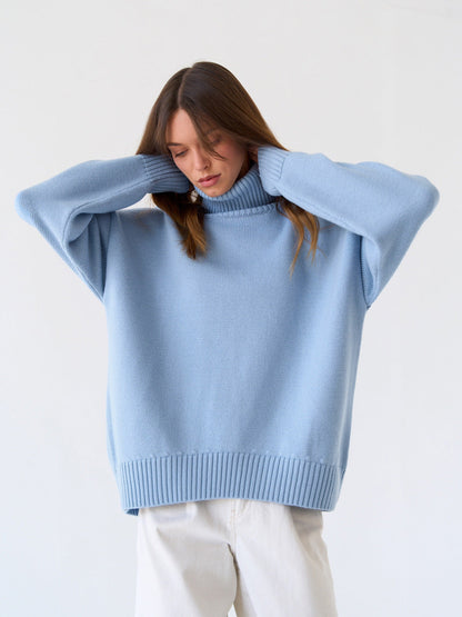Solid Turtleneck Sweater Cozy Knit Pullover for Women
