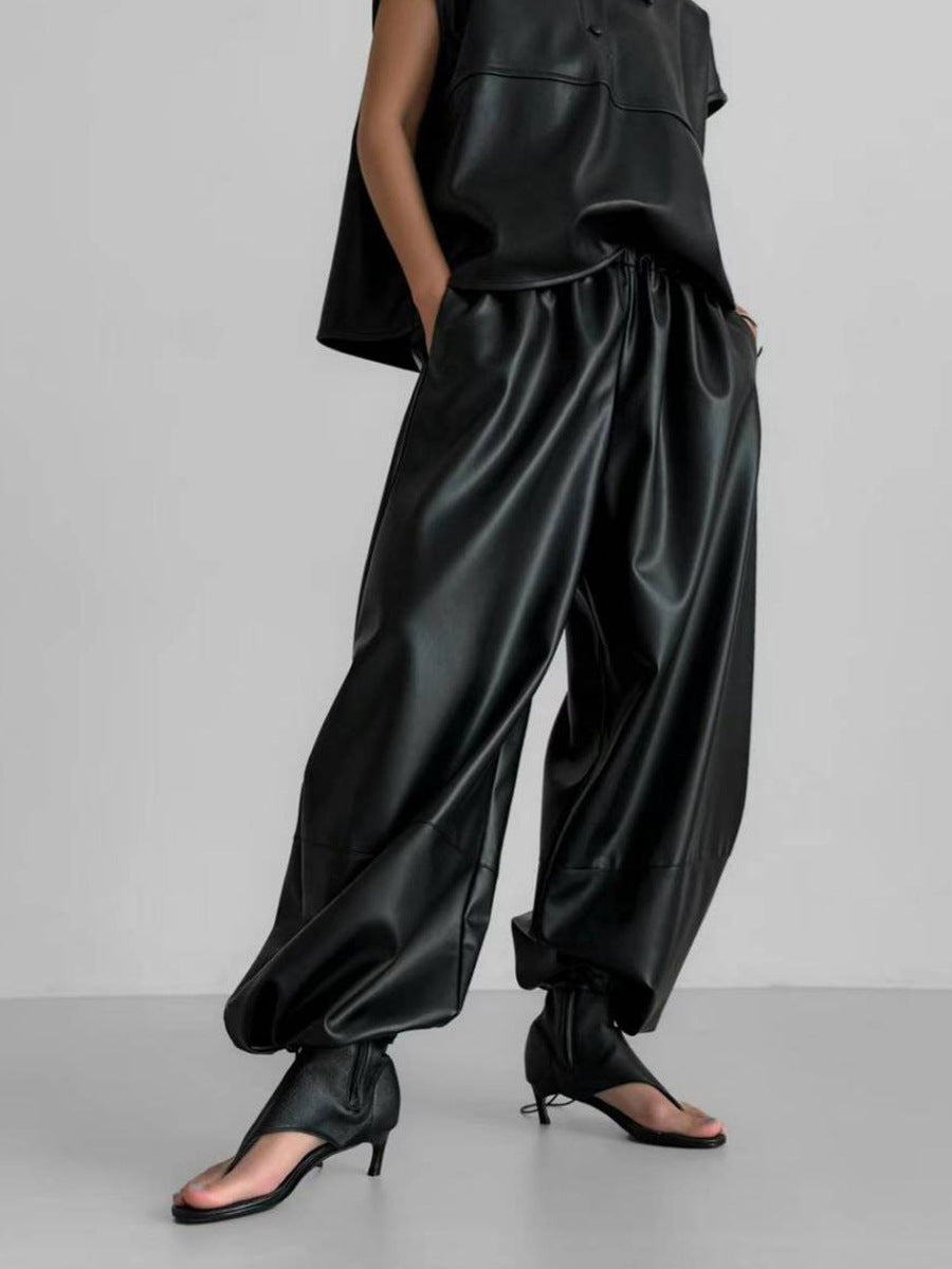 Wide Leg PU Leather Pants with Drawstring for Women