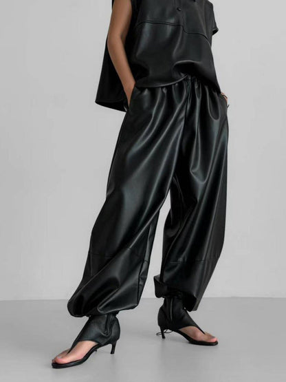 Wide Leg PU Leather Pants with Drawstring for Women