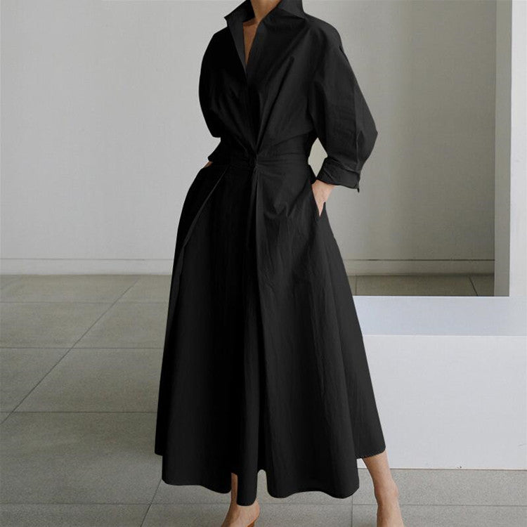 Cotton And Linen Net Color Lapel /Polo Collar Shirt Sleeve Elastic Waist Big Swing Dress