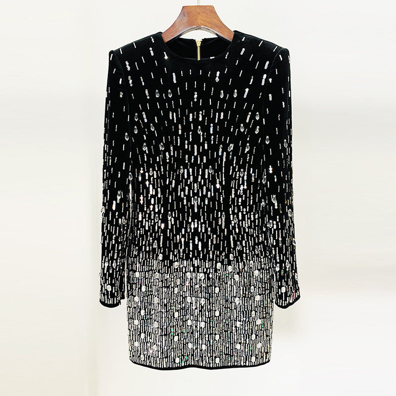 Elegant Black Velvet Sequin Long Sleeve Dress