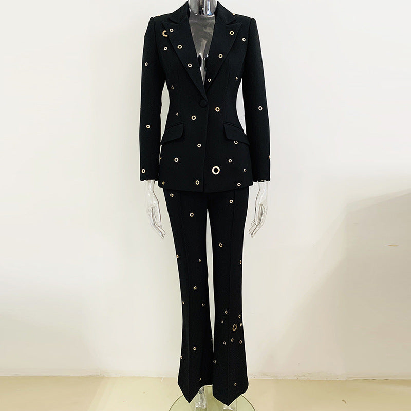 Metallic Button Blazer & Trousers Set Elegant Street Style