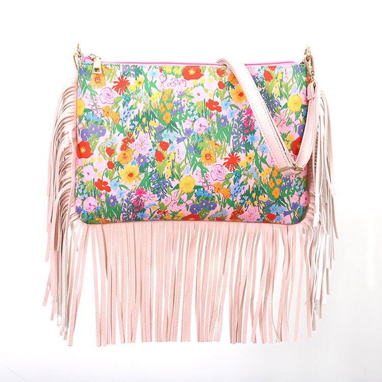 Fashionable And Personalized Printed Tassel Bag, One Shoulder Crossbody Bag, Rose Large Bag, Women'S Bag