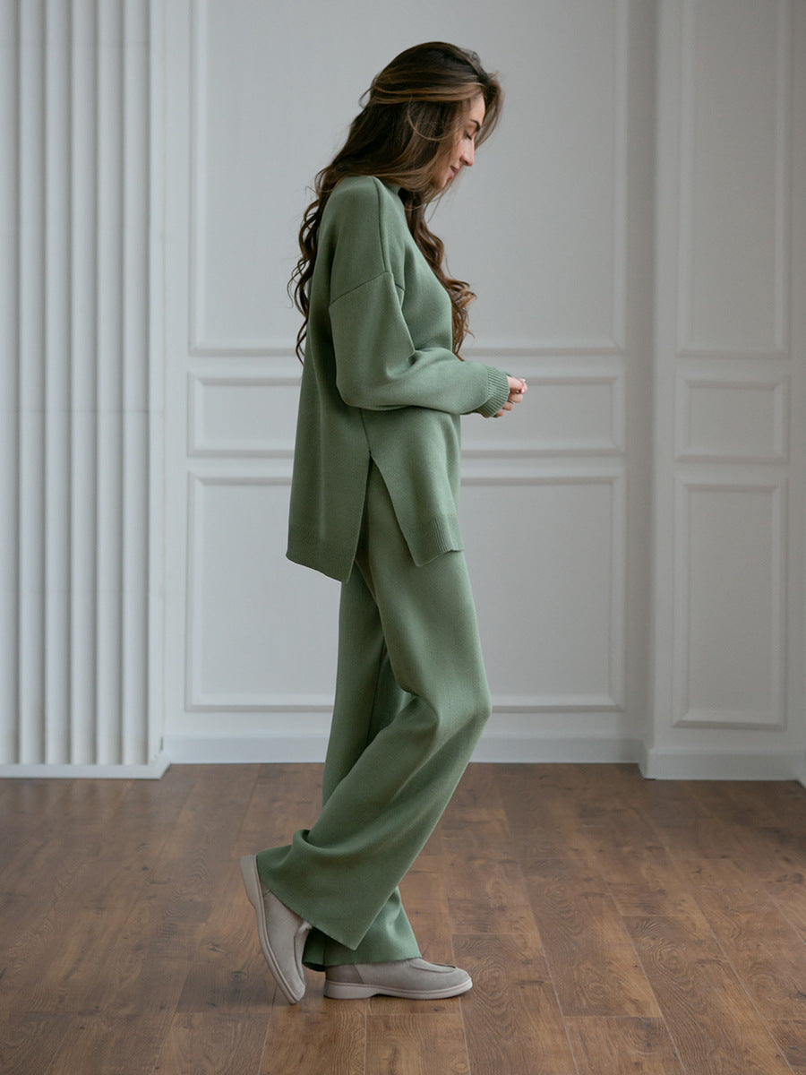 High Collar Side Split Knit Sets