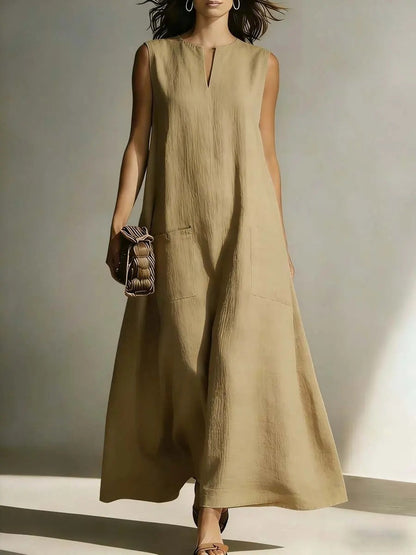 Linen Sleeveless Split Neck Pocket Tent Maxi Dress