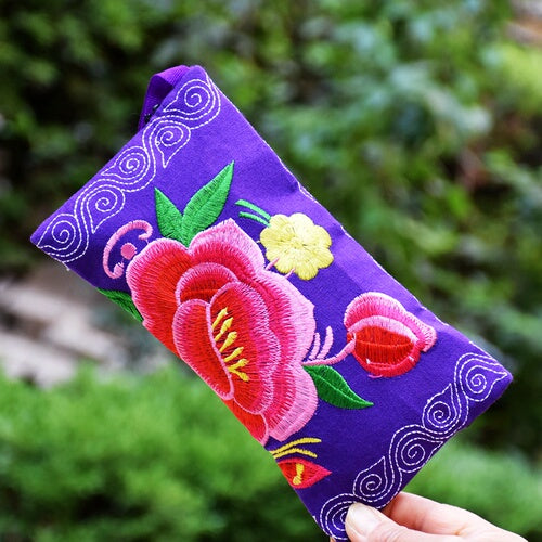 Long Double Sided Embroidered Wallet, Wrist Bag, Handheld Bag, Women'S Bag, Ethnic Style Cotton And Hemp Fabric Art Bag