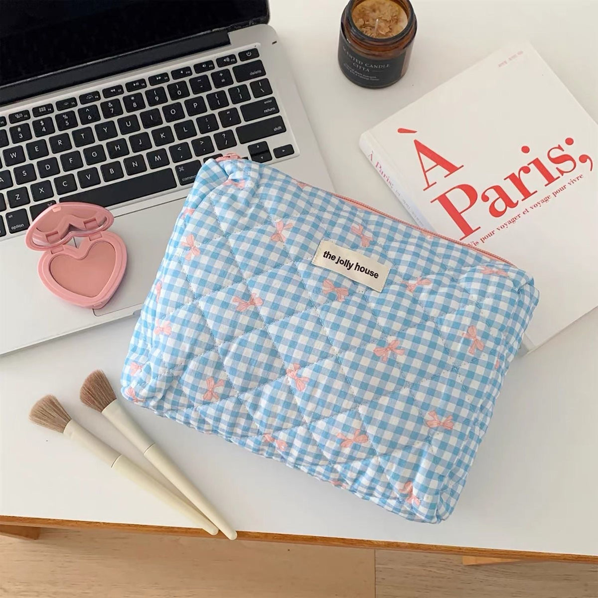 Large Capacity Plaid Bow Cosmetic Bag Retro Style