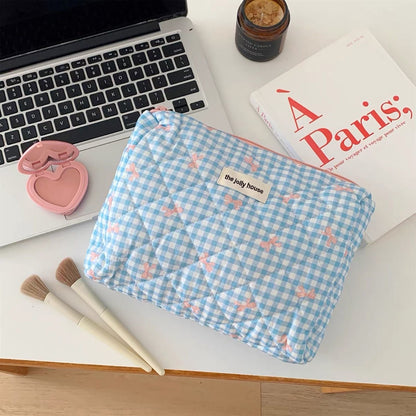 Large Capacity Plaid Bow Cosmetic Bag Retro Style