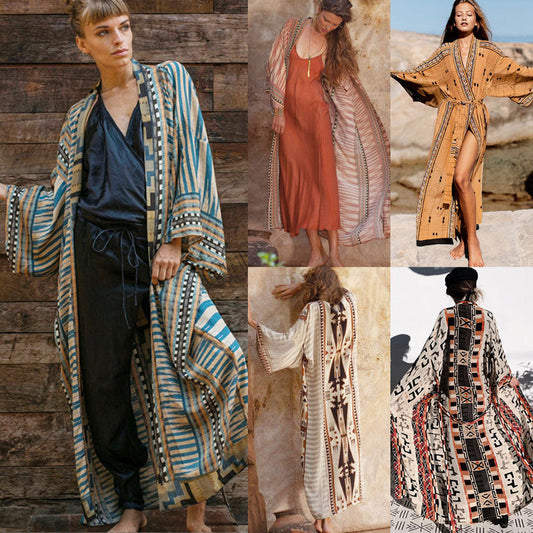 New Green Geometric Cardigan Loose Plus Size Beach Sunscreen Coat Bikini Blouse Swimsuit With Women Outside
