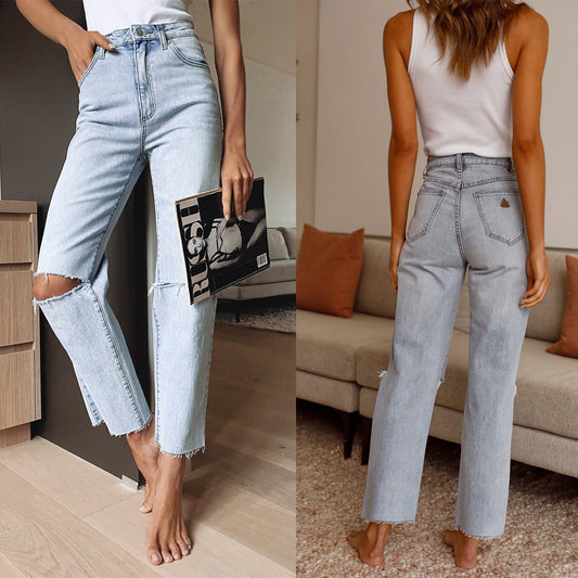 High-Waisted Ripped Light Blue Denim Straight Leg Jeans