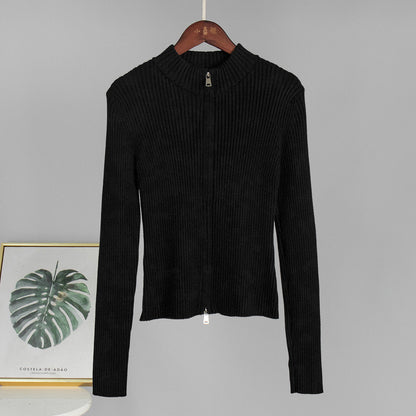 Fitted Long Sleeve Cardigan with Zipper Cozy Knit Outerwear