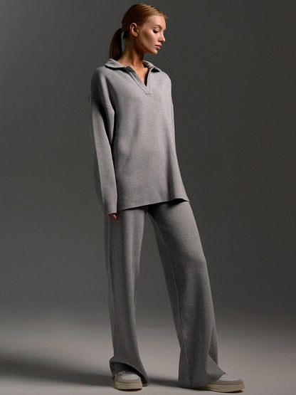 Knitted Sweater Set with Polo Neck and Wide Leg Pants for Casual Style
