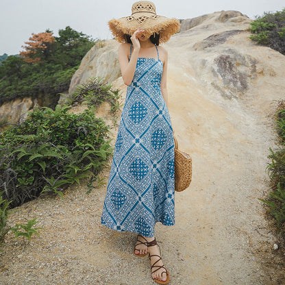 Women'S Summer New Lace-Up Backless Slip Dress Vintage Blue Midi Vacation Dress