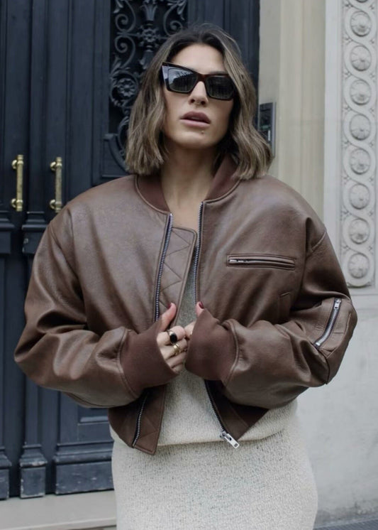 Cropped Faux Leather Bomber Jacket Brown Vintage Edge