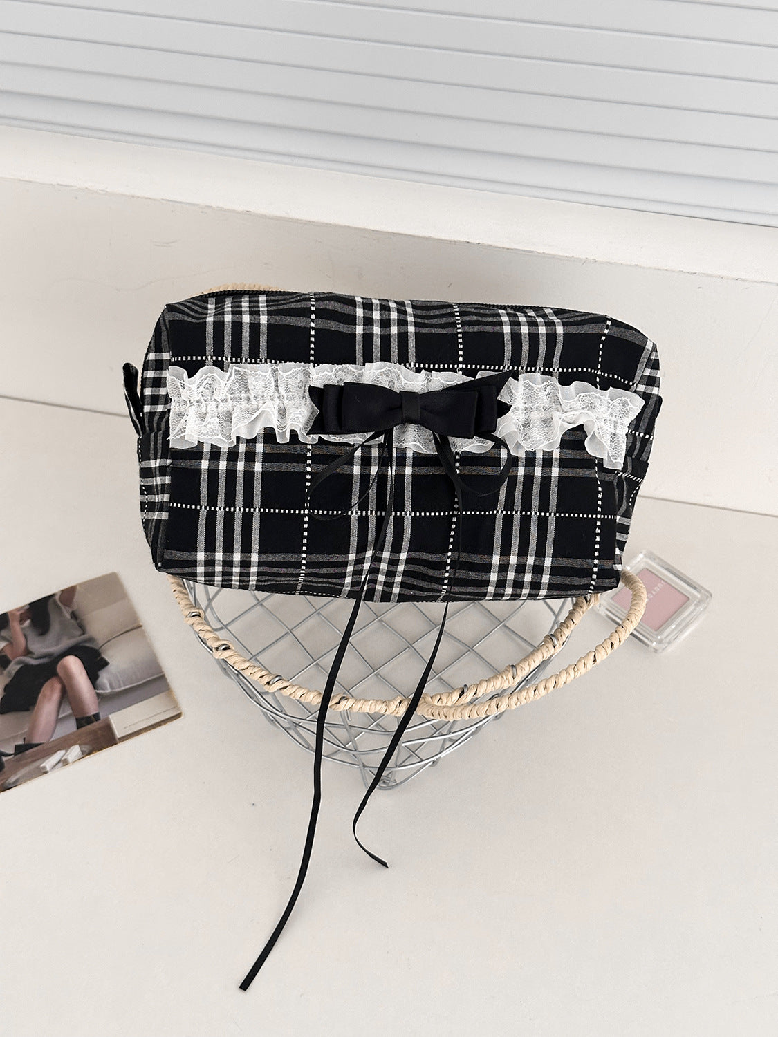 Black And White Plaid Storage Bag Stylish Lace Edges Makeup Organizer
