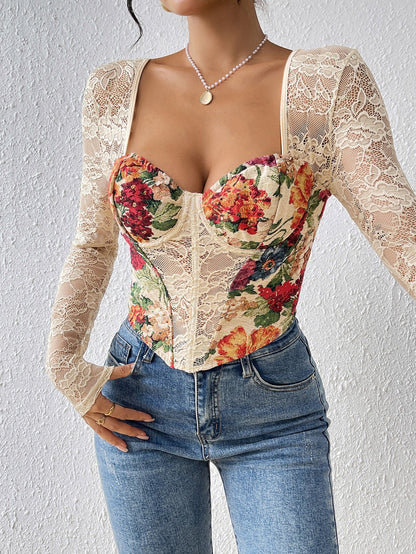 Vintage French Style Sexy Lace Insert Long Sleeve Top