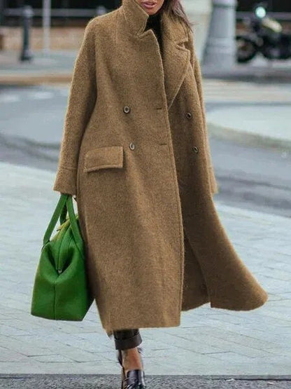 Long Solid Color Woolen Overcoat For Women