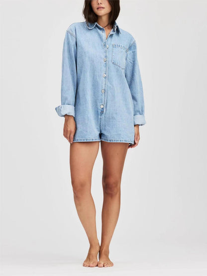 Trendy Denim Overalls with Pocket Casual Short Sleeve