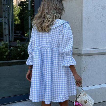 Blue Check Print Cotton A-Line Dress with Baby Doll Collar