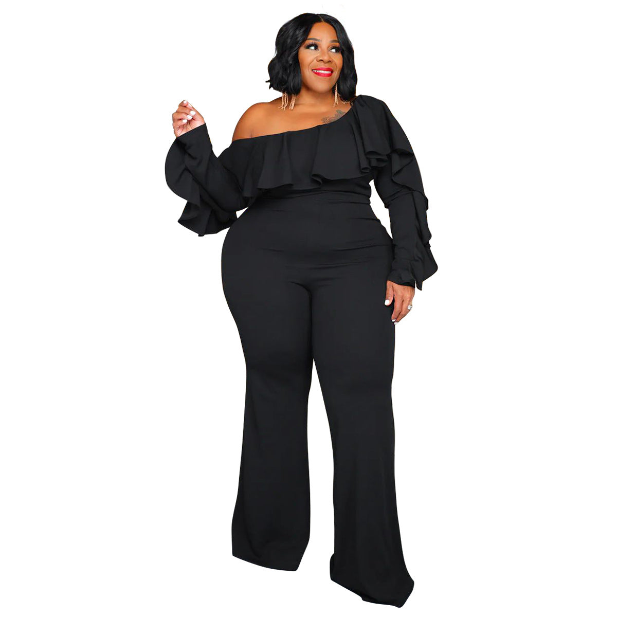 Plus Size Solid Color Off-Shoulder Jumpsuit For Women